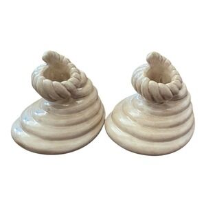 1981‎ Studio Pottery Ram Horn ceramic beige candelabra 3.5" tall candle holders